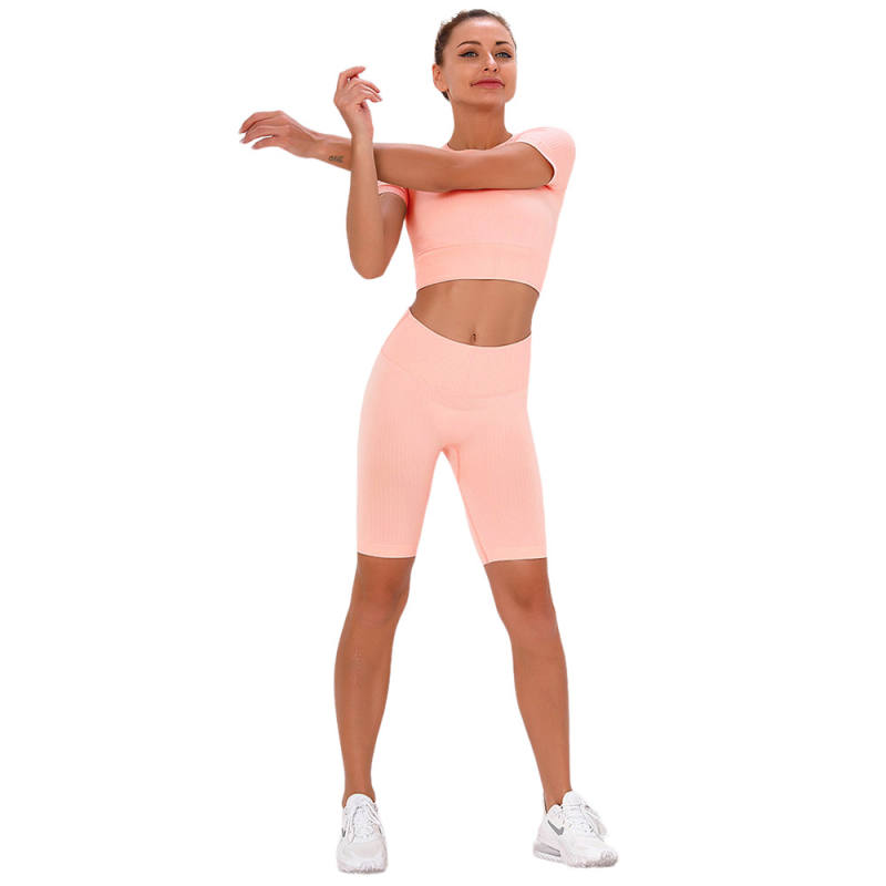 Pink Seamless Short Sleeve Yoga Sports Set TQE00138-10