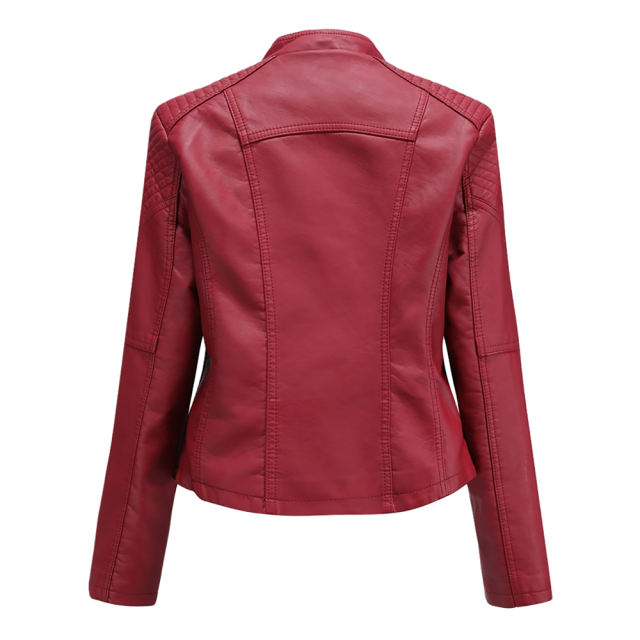 Red Zipper Slim Fit Motorcycle PU Leather Jacket TQK280090-3