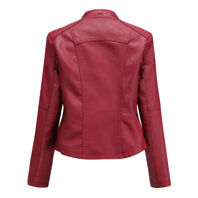 Red Zipper Slim Fit Motorcycle PU Leather Jacket TQK280090-3