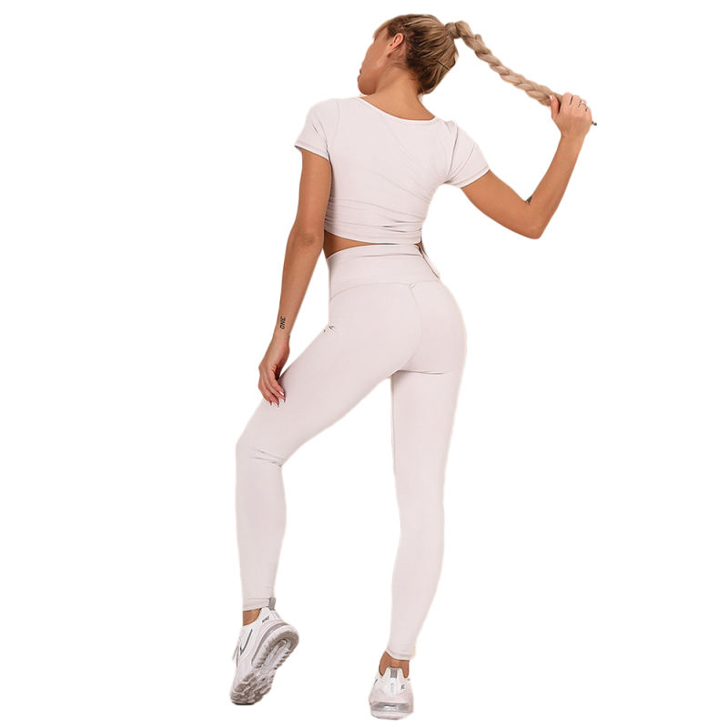 Light Gray Sides Drawstring Short Sleeve Yoga Pant Set TQK710243-25