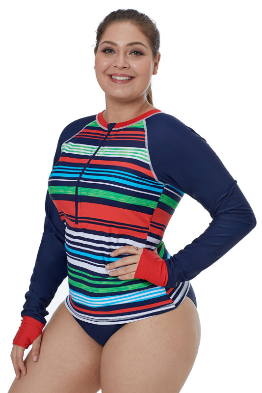 Multicolor Striped Long Sleeve Front Zip Rashguard