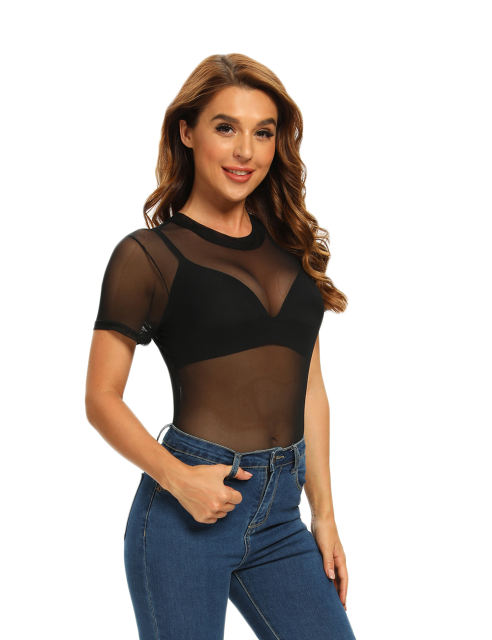 Black Short Sleeve Sheer Mesh Bodysuit TQF00004-2
