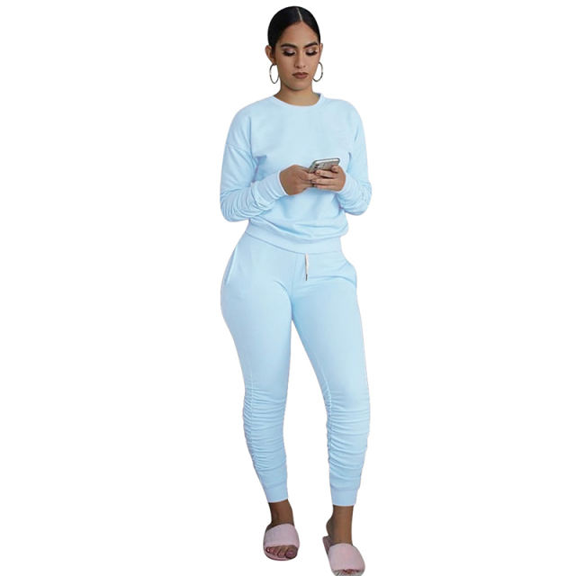 Light Blue Cotton Blend Sweatshirt Joggers Loungewear Set TQK710133-30