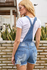 Raw Hem Ribbed Light Blue Denim Overall Shorts