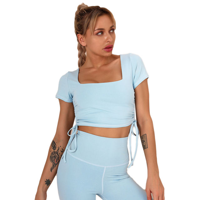 Light Blue Sides Drawstring Short Sleeve Yoga Pant Set TQK710243-30