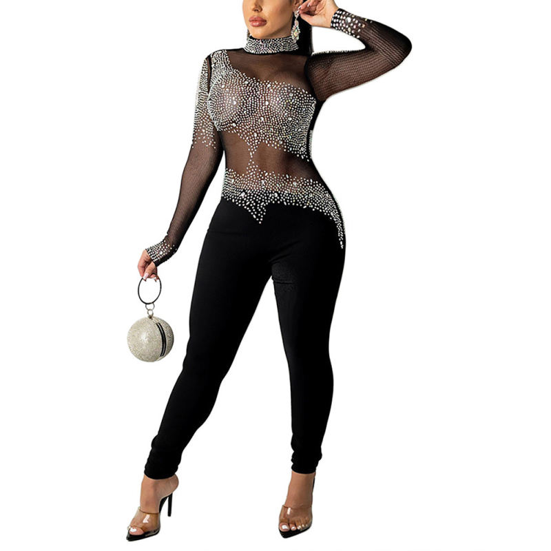 Black Mesh Rhinestone Mock Neck Jumpsuit TQK550273-2