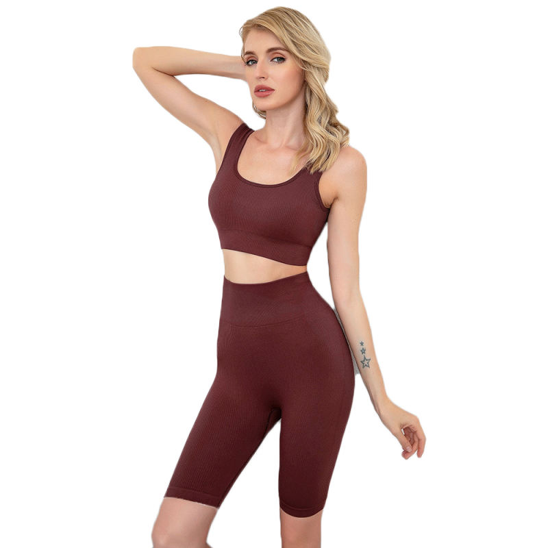 Brown Seamless Knit Yoga Bra with Shorts Set TQK710237-17