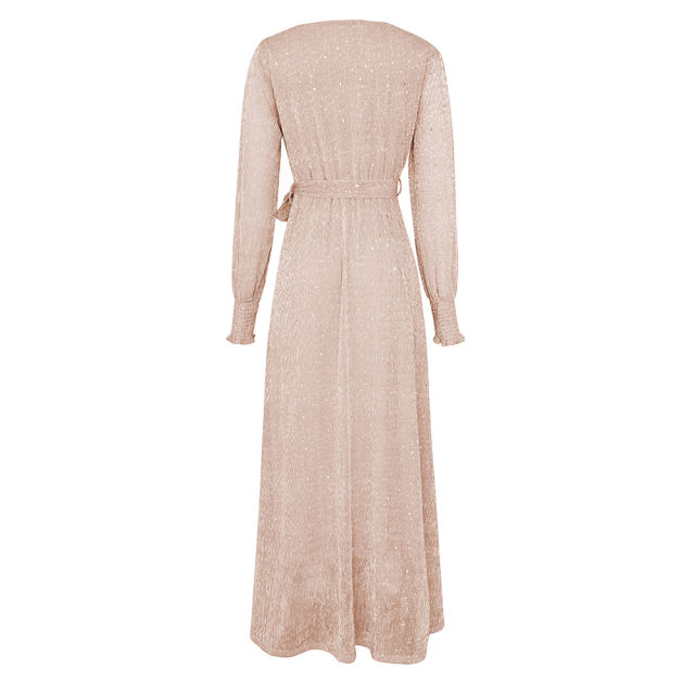 Champagne Sequin V Neck High Split Maxi Dress TQK311352-53
