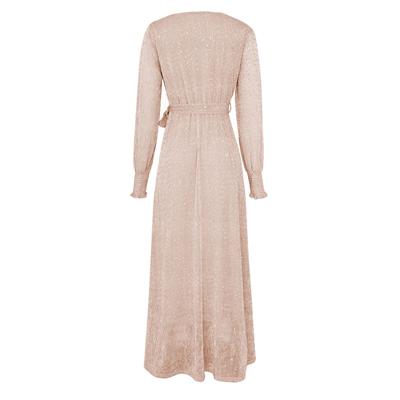 Champagne Sequin V Neck High Split Maxi Dress TQK311352-53
