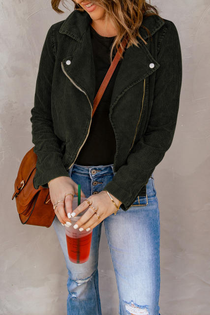 Buckle Belted Zip Up Corduroy Jacket LC8512435-9