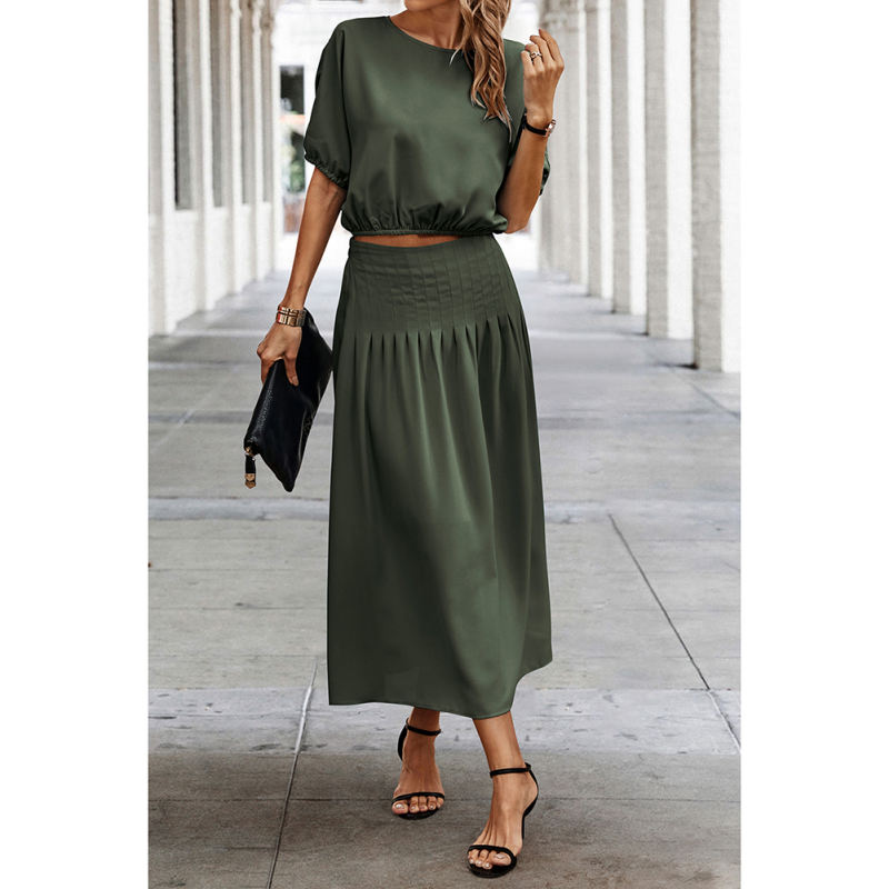 Army Green Pleated Crop Top with Skirt Set TQX711094-27