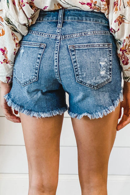 Dark Blue Frayed Hem Denim Shorts LC781042-4