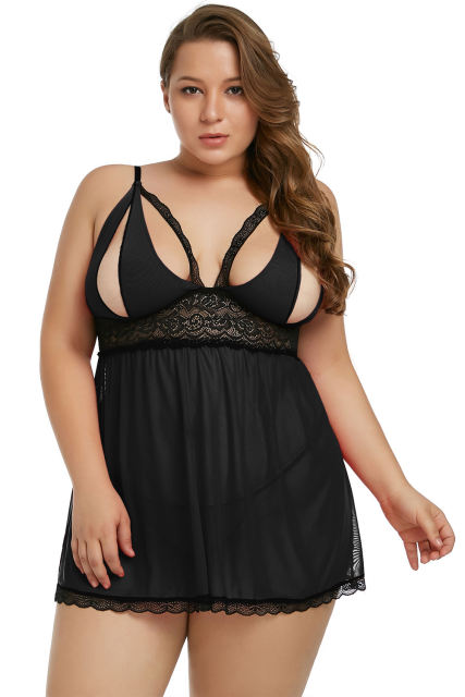 Black Plus Size Peek-a-boo Valentine Babydoll LC31143-2