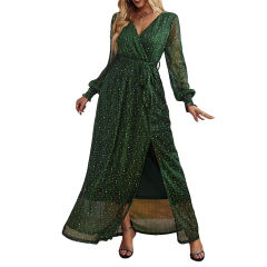 Green Sequin V Neck High Split Maxi Dress TQK311352-9