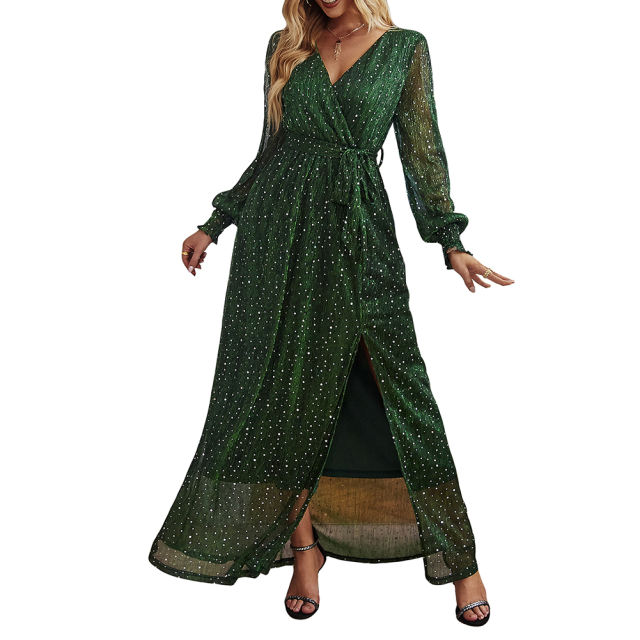 Green Sequin V Neck High Split Maxi Dress TQK311352-9