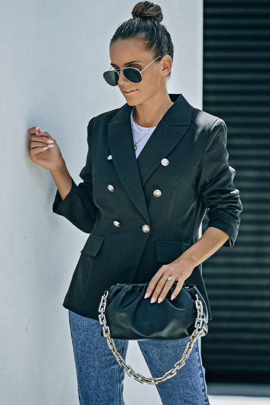 Black Double Breasted Lapel Collar Pocketed Blazer LC852396-2