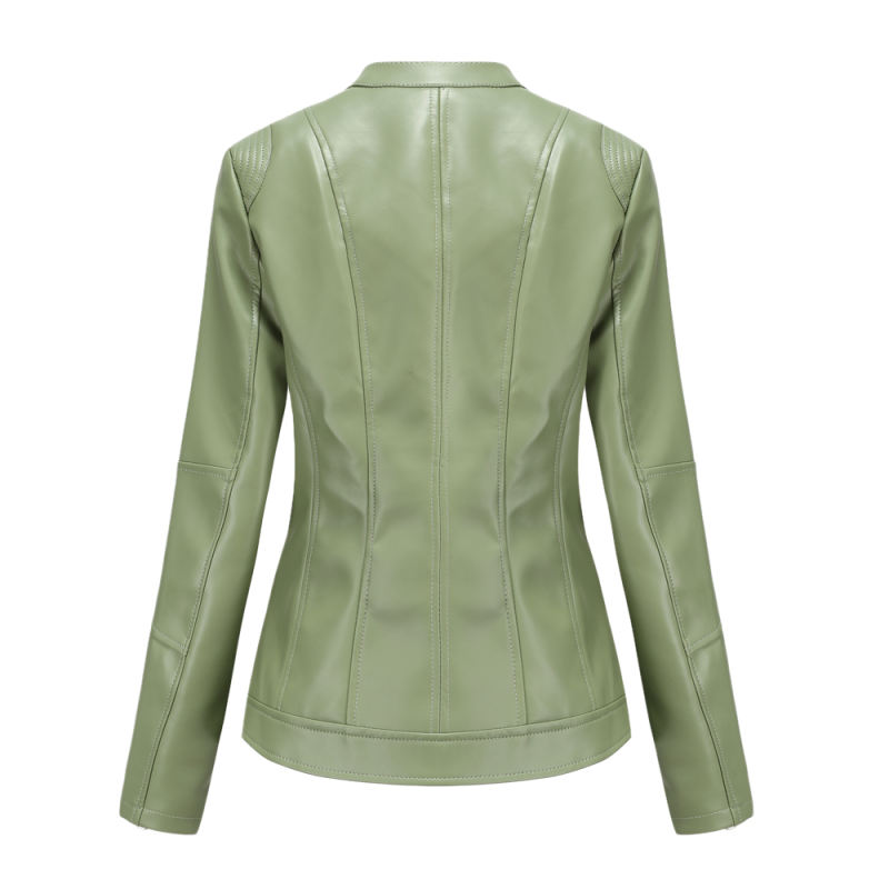Light Green Stand Collar Zipper Detail PU Leather Jacket TQK280094-28