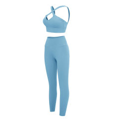 Blue Cross Shoulder Bra with Pant Yoga Set TQE91344-5