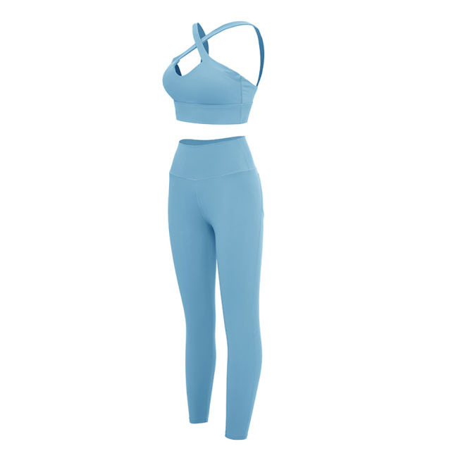 Blue Cross Shoulder Bra with Pant Yoga Set TQE91344-5