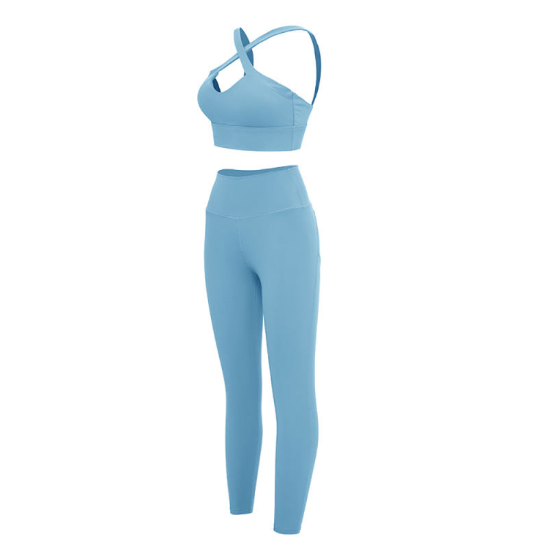 Blue Cross Shoulder Bra with Pant Yoga Set TQE91344-5