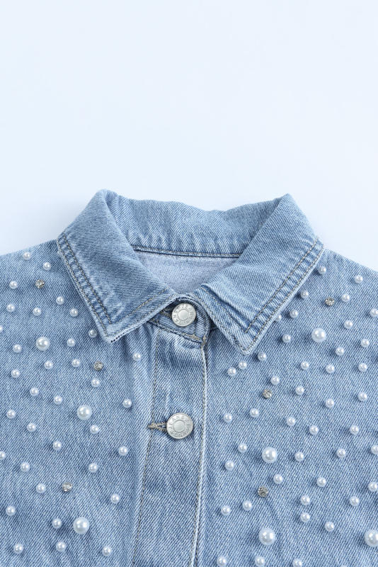 Sky Blue Rhinestone Pearls Denim Shacket LC788118-4