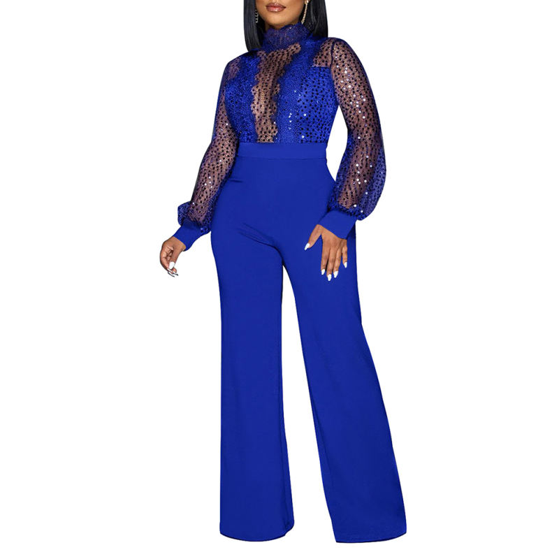 Blue Back Lace-up Long Sleeve Sequin Jumpsuit TQK550346-5