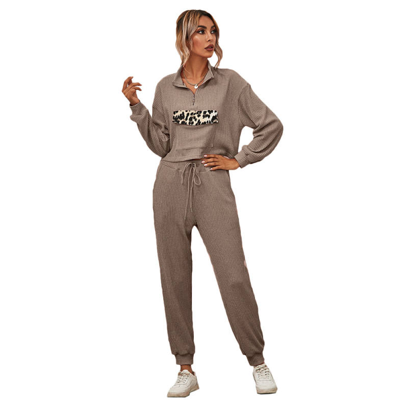Coffee Zipper Up Leopard Detail Sweatshirt with Pant Set TQK710222-15
