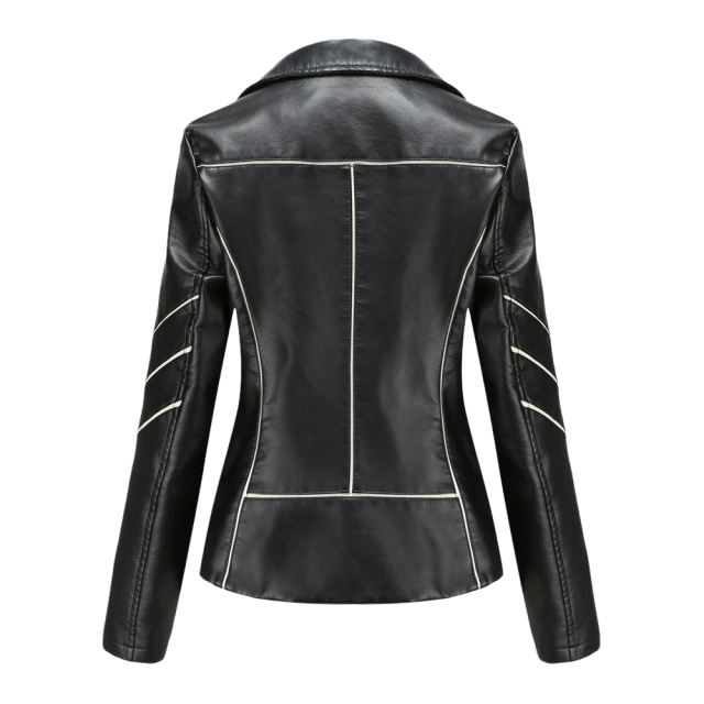 Black Turn Down Slim Fit PU Leather Jacket TQK280095-2