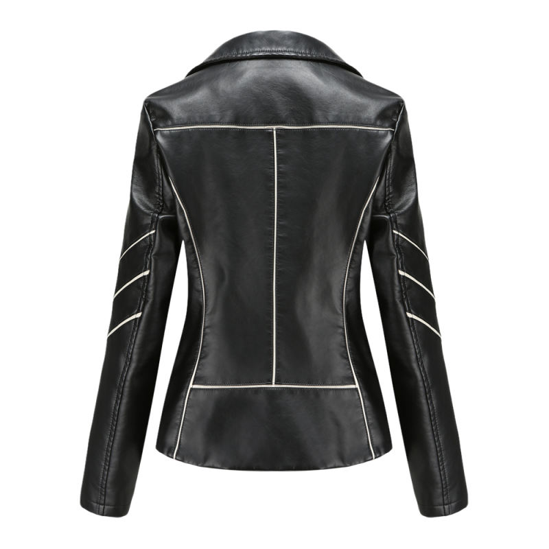 Black Turn Down Slim Fit PU Leather Jacket TQK280095-2