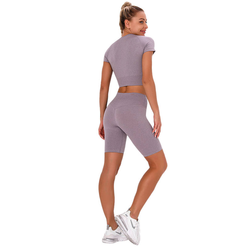 Dark Purple Seamless Short Sleeve Yoga Sports Set TQE00138-35