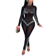 Black Mesh Rhinestone Long Sleeve Jumpsuit TQK550274-2