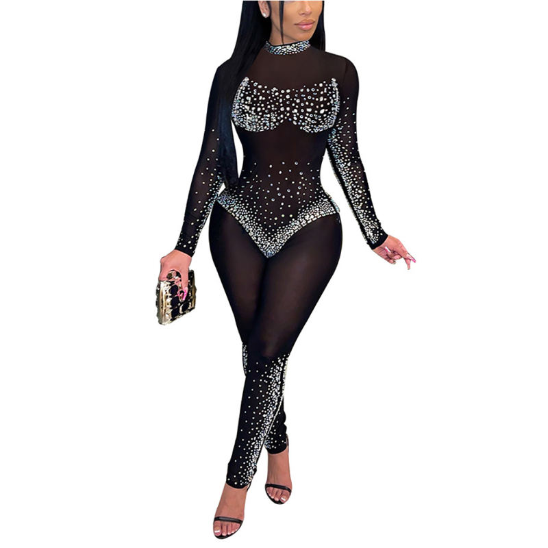 Black Mesh Rhinestone Long Sleeve Jumpsuit TQK550274-2