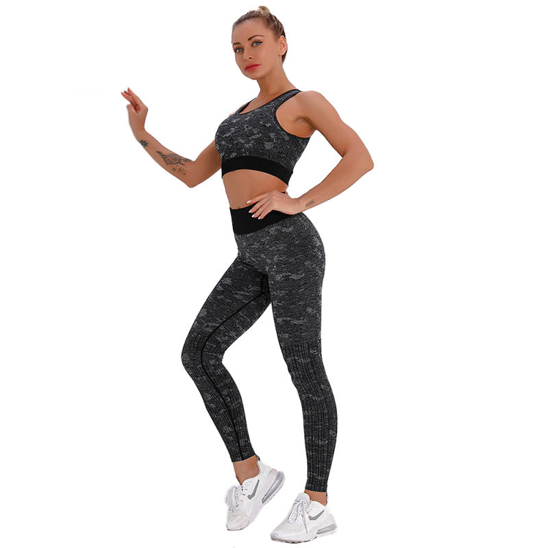 Black Camo Print Sports Bra with High Waist Pant Set TQE00132-2