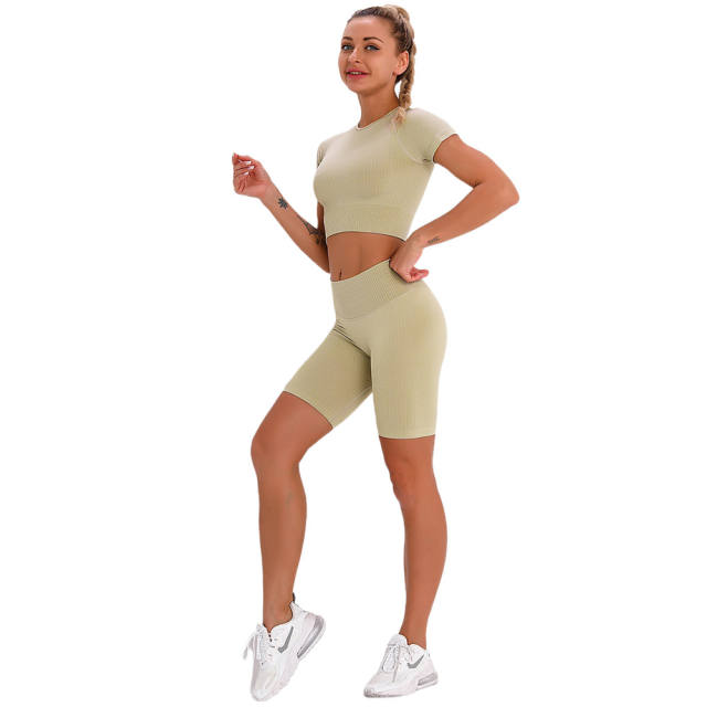 Light Yellow Seamless Short Sleeve Yoga Sports Set TQE00138-42