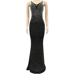 Black Rhinestone Open Back Mermaid Maxi Dress TQK311126-2