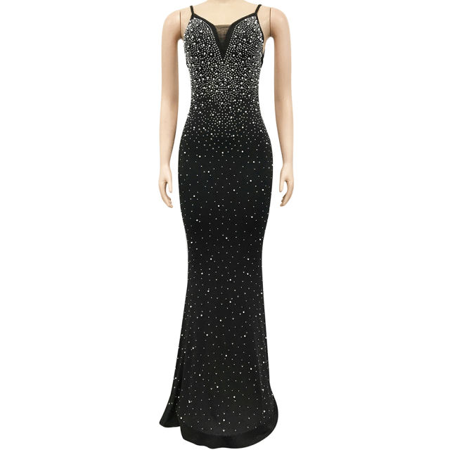 Black Rhinestone Open Back Mermaid Maxi Dress TQK311126-2