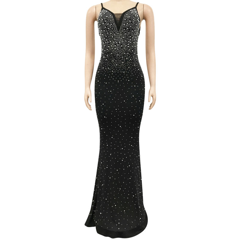 Black Rhinestone Open Back Mermaid Maxi Dress TQK311126-2