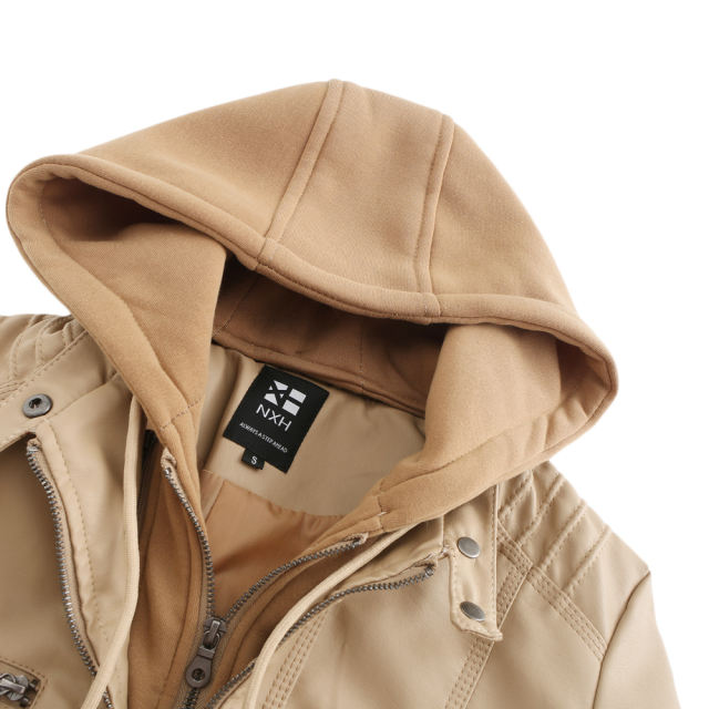 Apricot Removable Hooded Washed PU Leather Jacket TQK280096-18