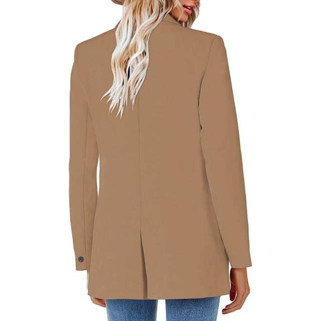 Coffee Lapel Collar Button Solid Color Blazer TQK260054-15