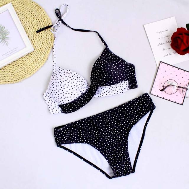 Black White Dot Halter Bikini Swimsuit TQK610119-2