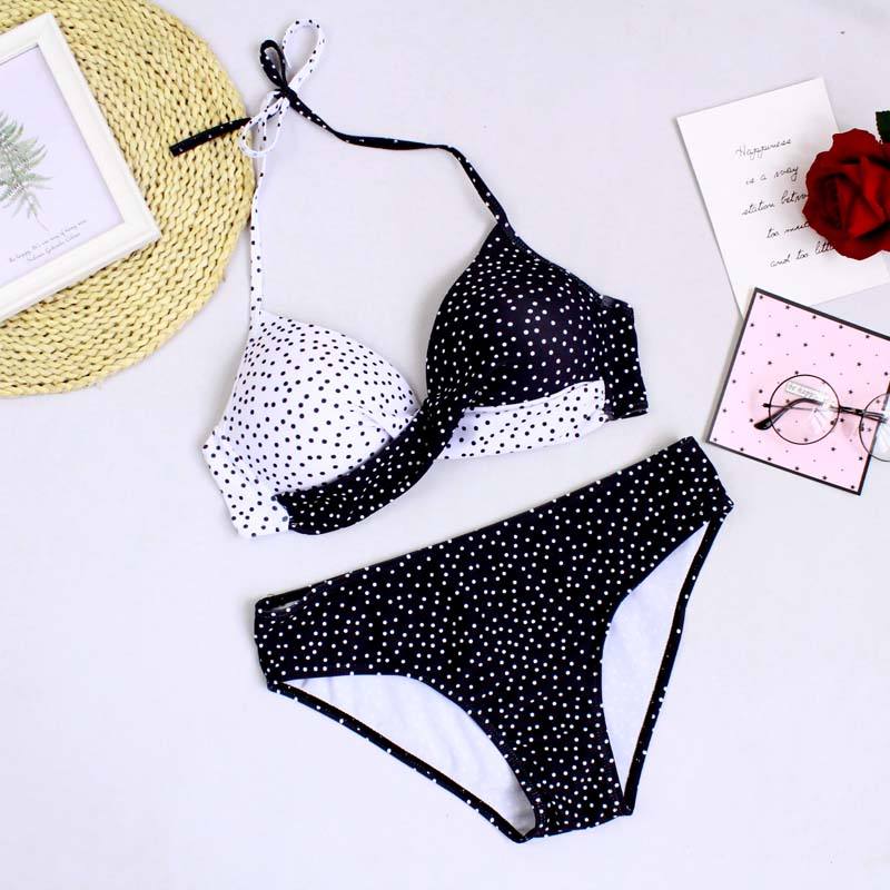 Black White Dot Halter Bikini Swimsuit TQK610119-2