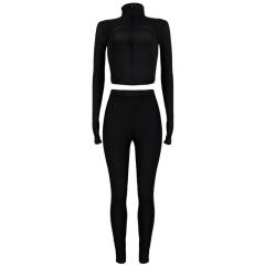 Black Cotton Blend Zipper Datail Long Sleeve Top with Pant Set TQK710132-2