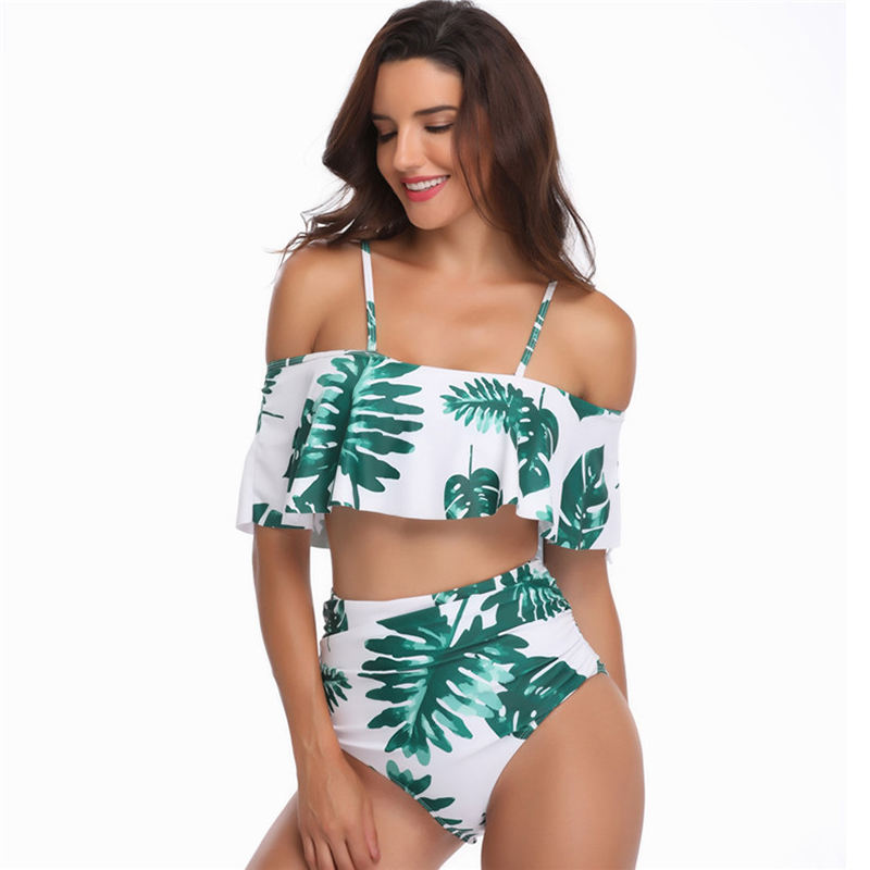 Light Green Palm Tree Leaf Print High Waist Bikini Swimsuit