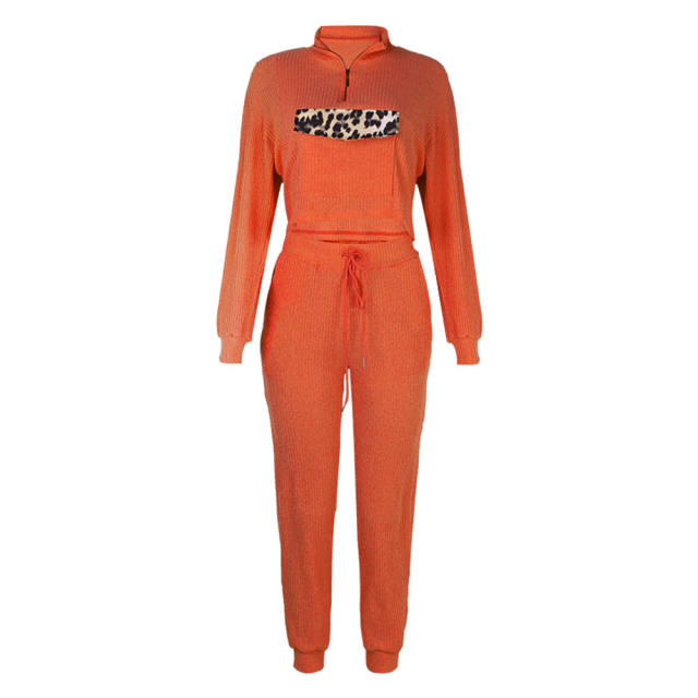 Orange Zipper Up Leopard Detail Sweatshirt with Pant Set TQK710222-14