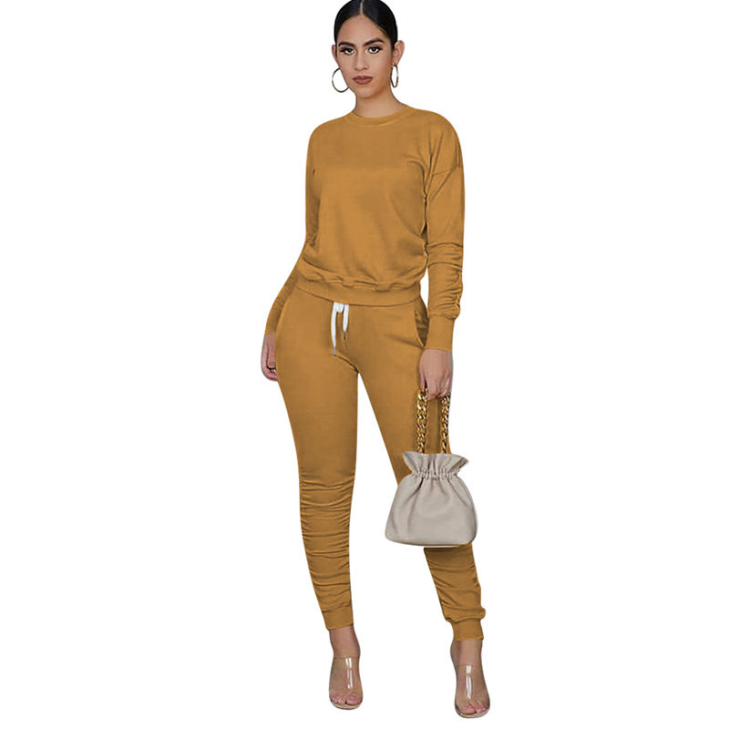 Brown Cotton Blend Sweatshirt Joggers Loungewear Set TQK710133-17