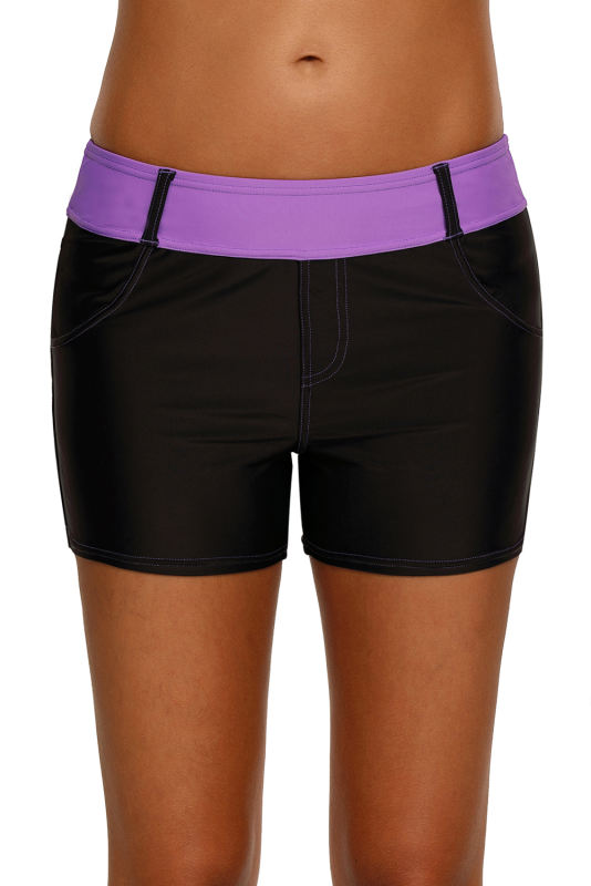 Purple Waistband Faux Denim Sports Shorts