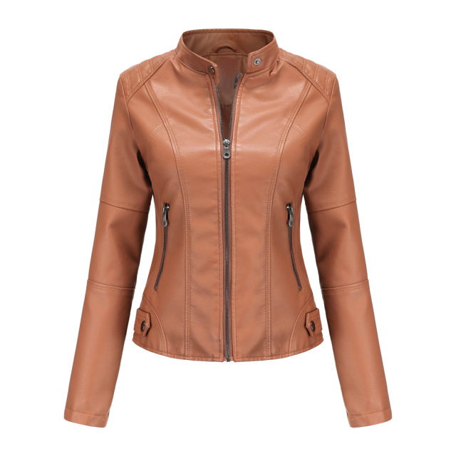 Camel Slim Fit Stand Collar PU Motorcycle Jacket TQK280091-58