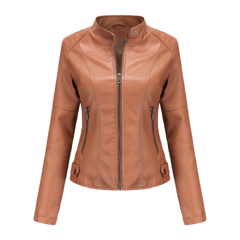 Camel Slim Fit Stand Collar PU Motorcycle Jacket TQK280091-58