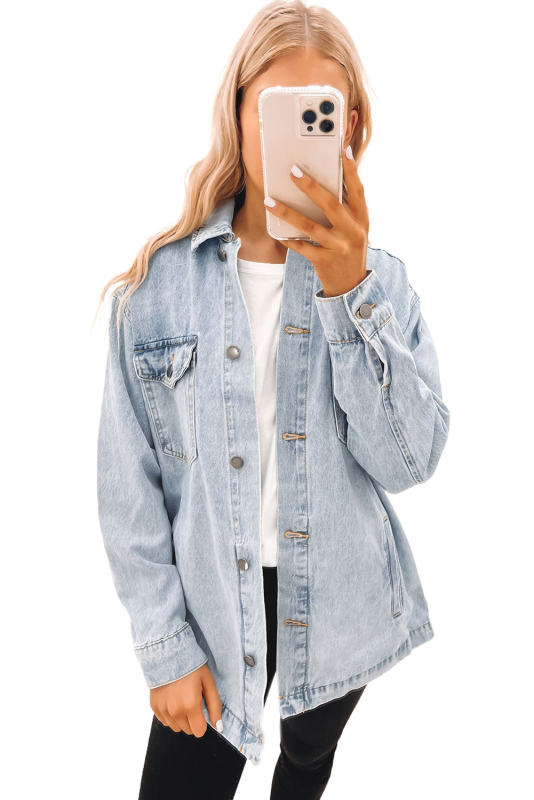 Sky Blue Acid Wash Flap Pocket Boyfriend Shacket  LC788148-4