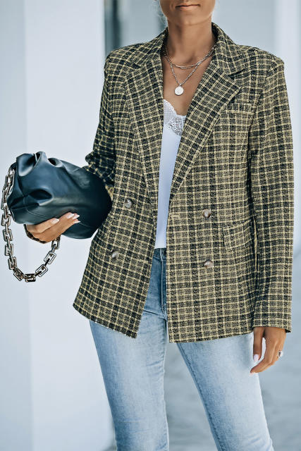 Black Plaid Double Breasted Lapel Collar Blazer LC852395-2